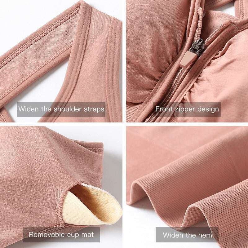 Detailed view of Elastic Women's Sports Top Bra showing wide straps, front zipper, removable cup, and hem design.